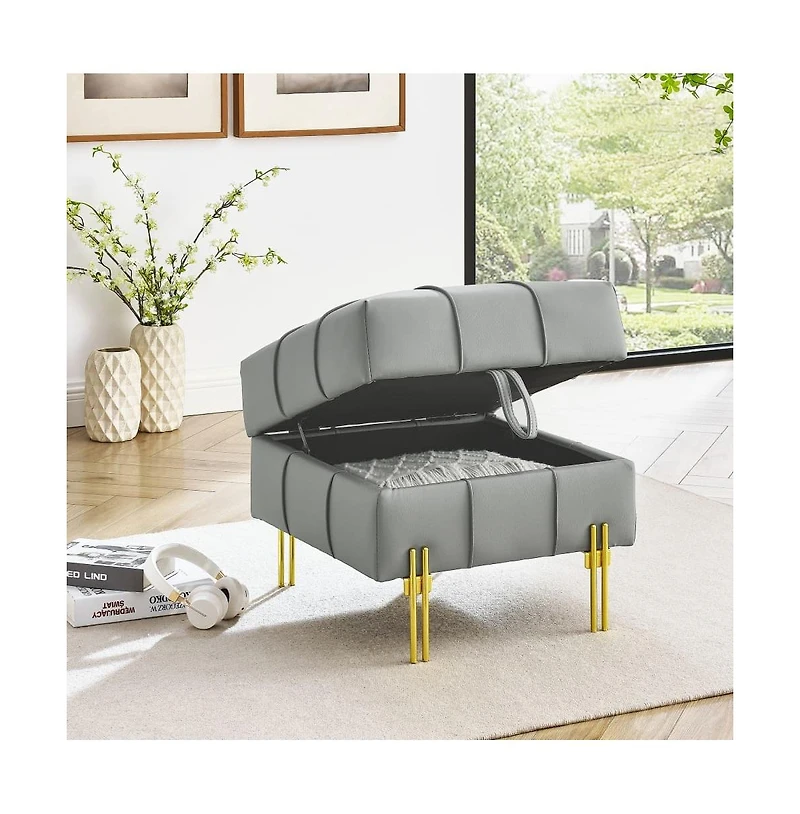 Anti-Scratch Pu Leather Storage Ottoman, Upholstered Footstool with Gold Stainless Steel Legs for Bedroom or Living Room-The Pop Home