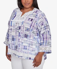 Alfred Dunner Plus Crystal Springs Watercolor Plaid Lace Neck Top
