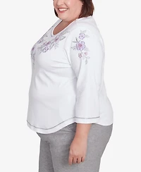 Alfred Dunner Plus Crystal Springs Embroidered Flower Crew Neck Top