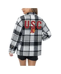 Gameday Couture Women's Grey Usc Trojans Long Sleeve Brushed Plaid Button-Up Overshirt Jacket