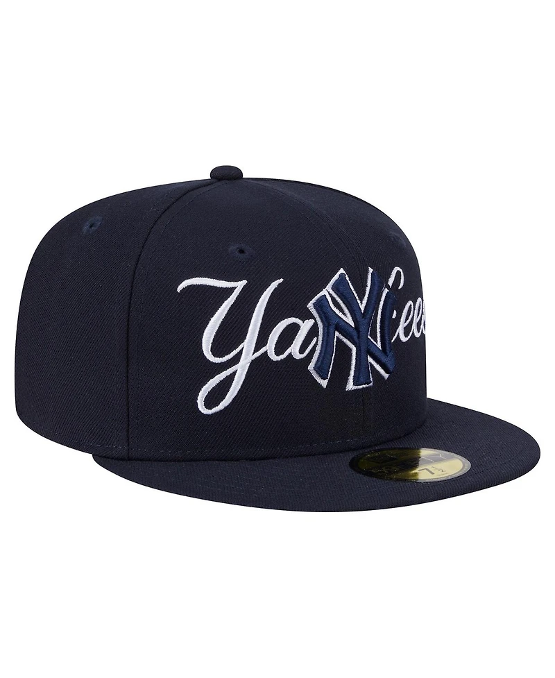 New Era Men's Navy York Yankees Overlap 59FIFTY Fitted Hat