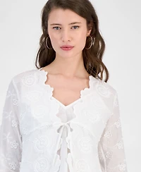 Guess Women's Long-Sleeve Embroidered Tie-Front Top