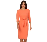 Adrianna Papell Women's Crepe Tie-Waist 3/4-Sleeve Sheath Dress