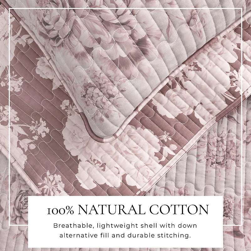 Linery & Co. Cotton Stitched Reversible Floral 3 Piece Quilt and Sham Set