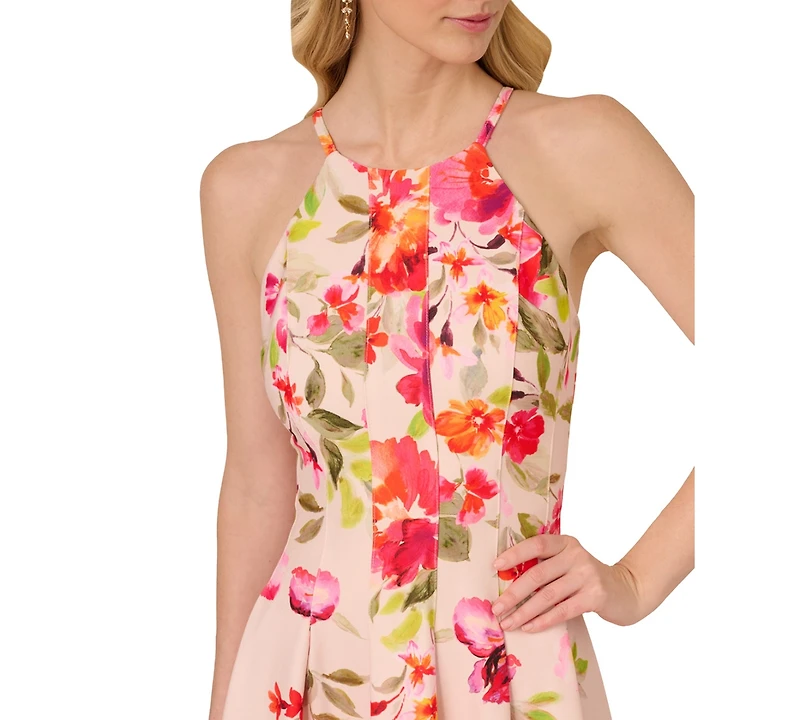 Adrianna Papell Women's Floral-Print Pleated Fit & Flare Halter Dress