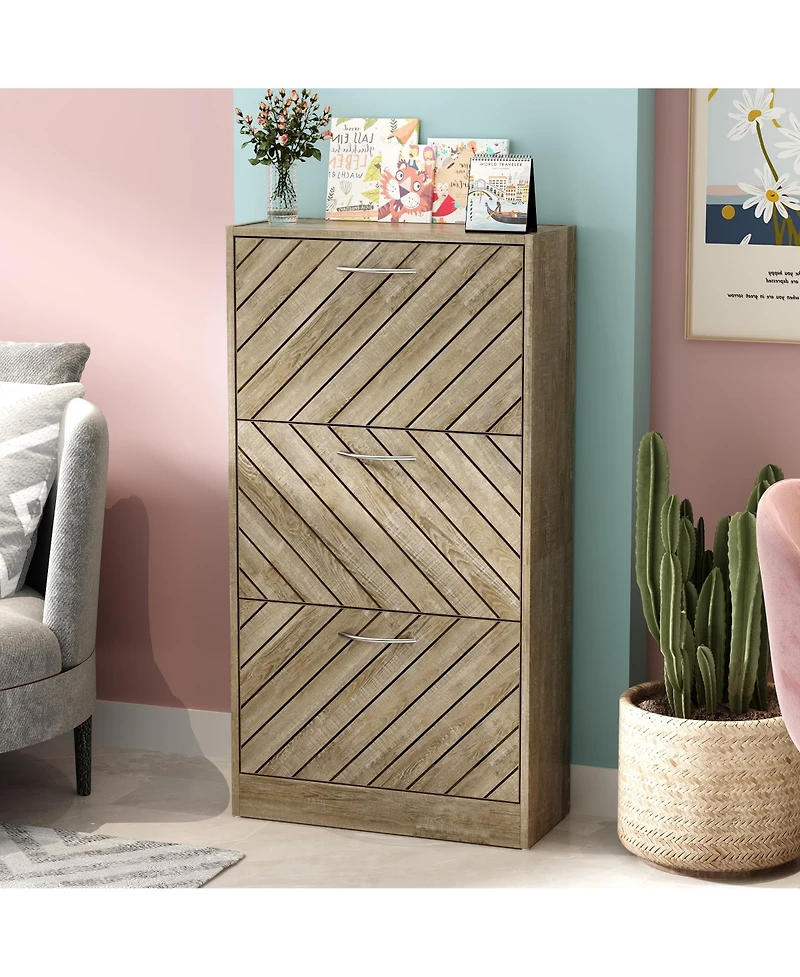 Wooden 3-door natural shoe cabinet, shutter door drawers, multi-purpose shoe rack with adjustable shelves