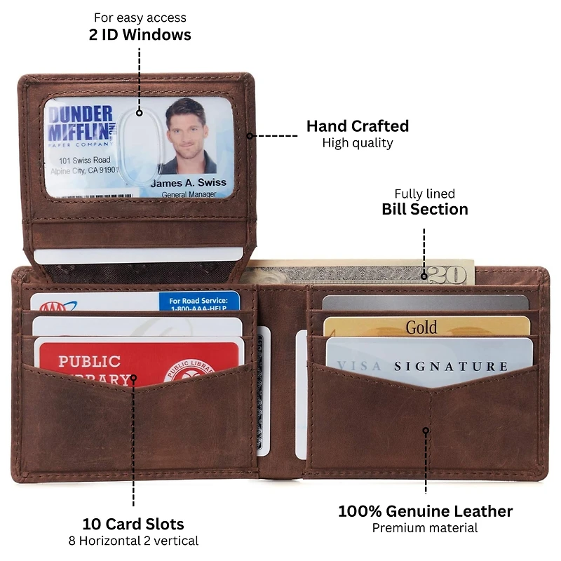 Alpine Swiss Mens Genuine Leather Rfid Safe Bifold Wallet Passcase 2 Id Windows