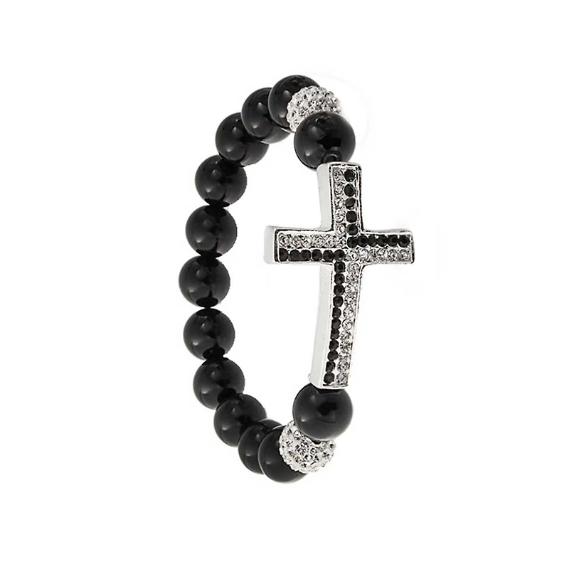 Bling Jewelry Religious Sideways Cross Black Onyx Compressed Turquoise White Pave Crystal Stretch Bracelet Silver Plated