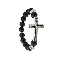 Bling Jewelry Religious Sideways Cross Black Onyx Compressed Turquoise White Pave Crystal Stretch Bracelet Silver Plated