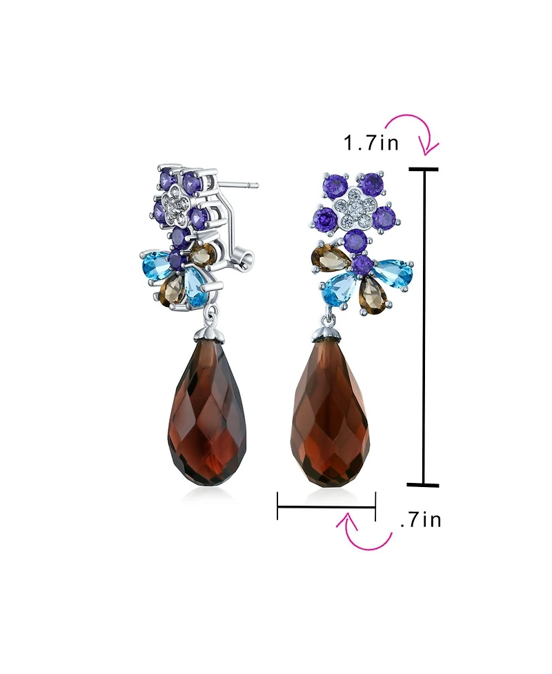 Bling Jewelry Purple Burgundy Cz Cubic Zirconia Fashion Flower Statement Dangle Teardrop Earrings Silver Plated