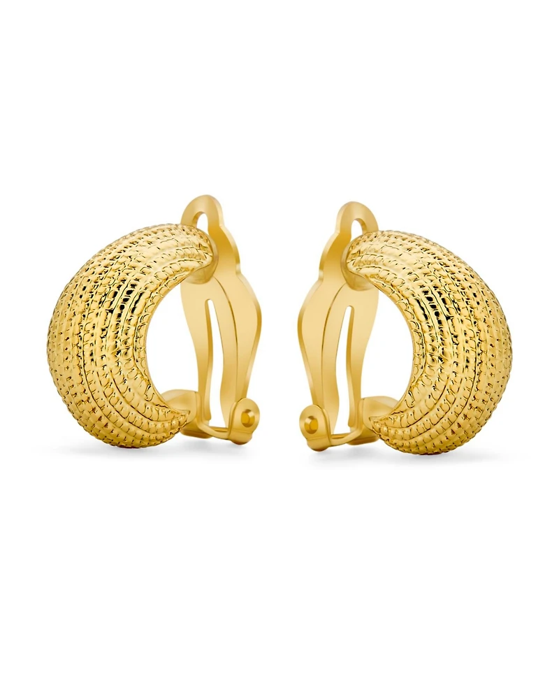 Bling Jewelry Ribbed Grooved Cable Rope Stripe Wide Half Hoop Dome Clip On Earrings Non Pierced Ears Gold Tone Plated