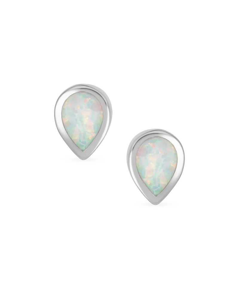 Bling Jewelry Tiny Simple Iridescence Bezel Created White Opal Teardrop Stud Earrings .925 Sterling Silver