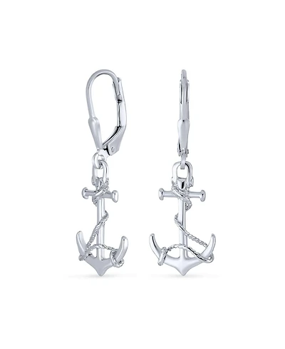 Bling Jewelry Tropical Beach Vacation Honeymoon Simple Nautical Boat Rope Anchor Lever Back Dangle Earrings .925 Sterling Silver
