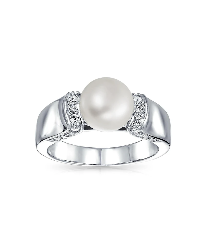 Bling Jewelry Art Deco Style Pave Cz Solitaire White Freshwater Cultured Pearl Promise Ring Silver Plated Brass