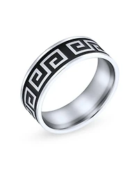 Bling Jewelry Geometric Ancient Fret Greek Key Pattern Flat Eternity Band Ring Black Silver Two Tone Stainless Steel 8MM