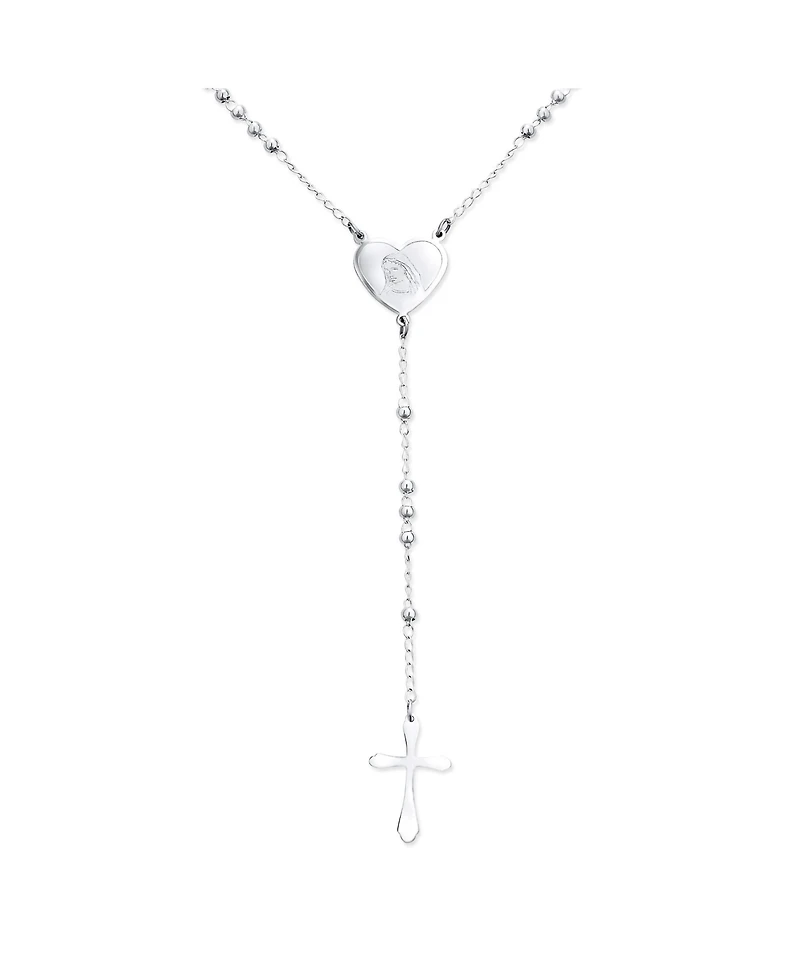 Bling Jewelry Dainty 2MM Round Ball Beaded Link Heart Virgin Mary Cross Prayer Rosary Chain Silver Tone Stainless Steel