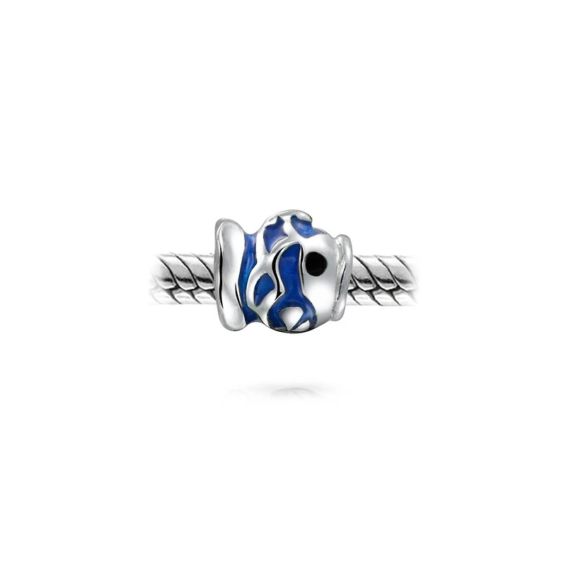Bling Jewelry Ocean Blue Enamel Aquatic Nautical Sea Blow Fish Charm Bead .925 Sterling Silver