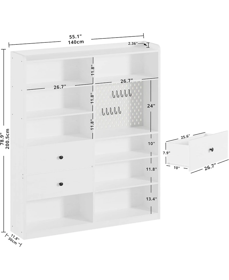 Bookshelf and Bookcase with Pegboard and Deep Drawer
