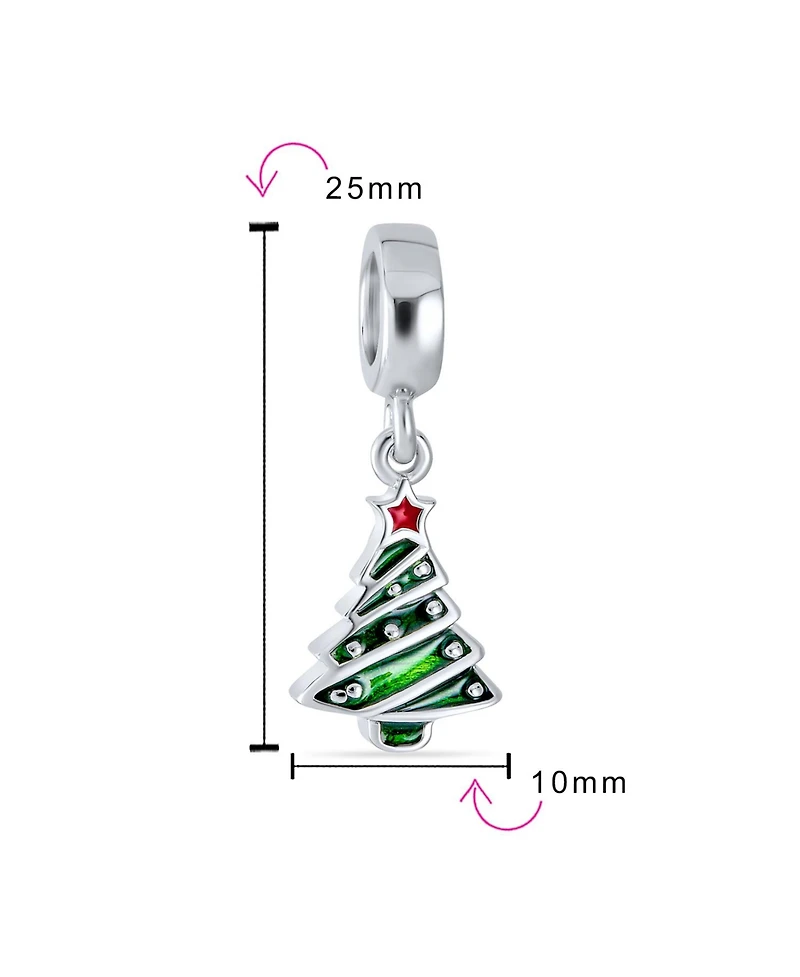 Bling Jewelry Holiday Red Star Green Decorated Christmas Tree Dangle Charm Bead Enamel .925 Sterling Silver