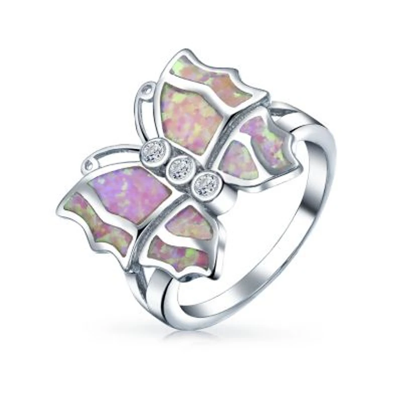 Bling Jewelry Elegant Cz Accent Cubic Zirconia Pink Created Opal Butterfly Ring .925 Sterling Silver