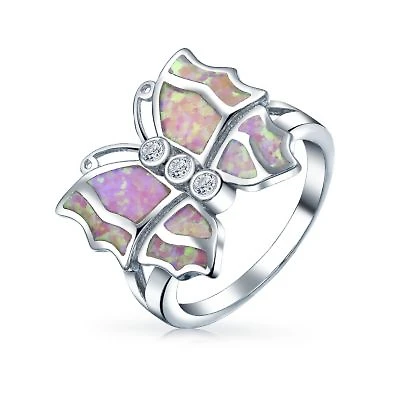 Bling Jewelry Elegant Cz Accent Cubic Zirconia Pink Created Opal Butterfly Ring .925 Sterling Silver