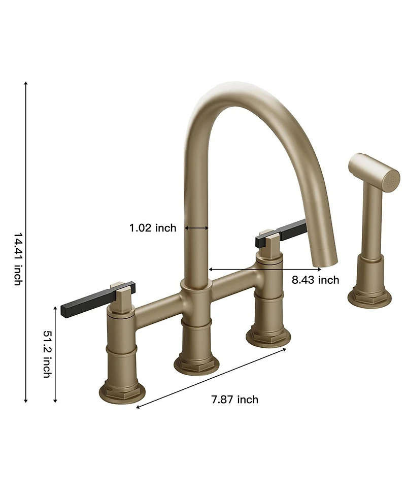 Double Handle 4-Holes Deck Mount Bridge Kitchen Faucet with Side Sprayer Sink Faucet 360 Swivel Spout in Brushed Gold