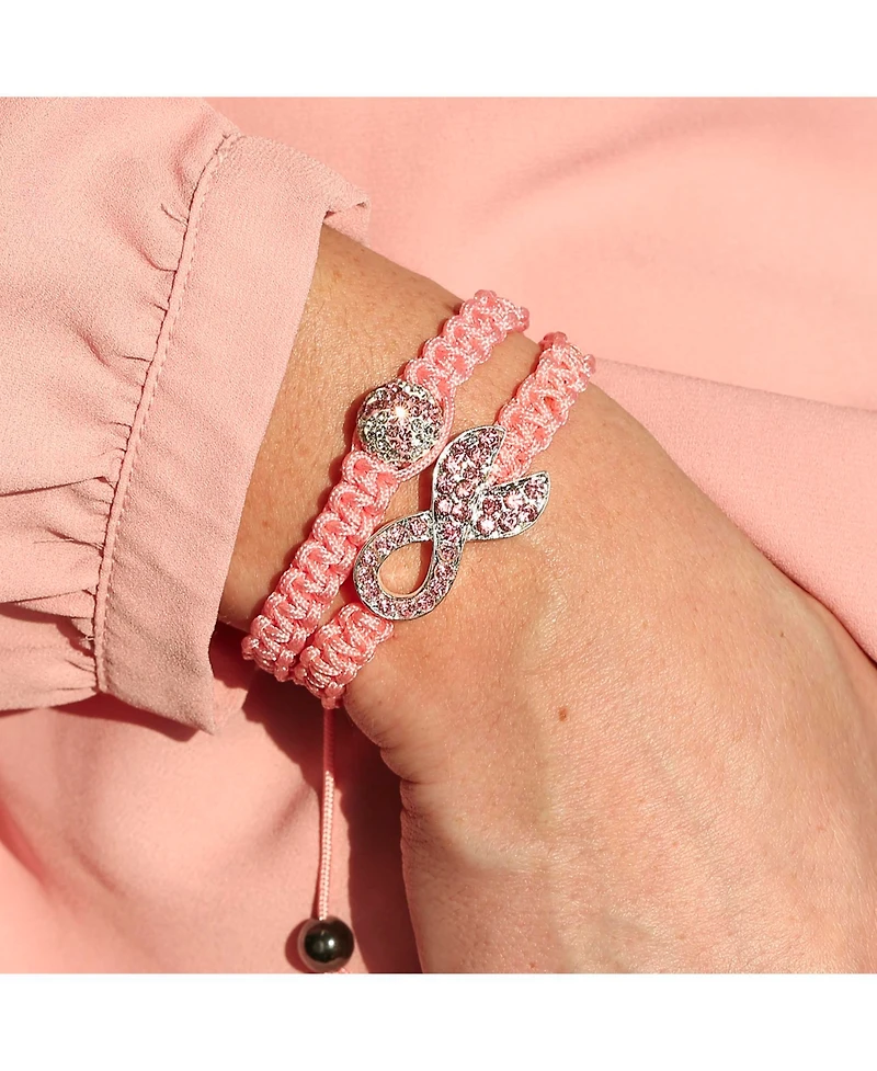 Bling Jewelry Stackable Pink Ribbon Pave Crystal Pink Ribbon Cancer Survivor Bracelet Pink Braided Cord String Adjustable