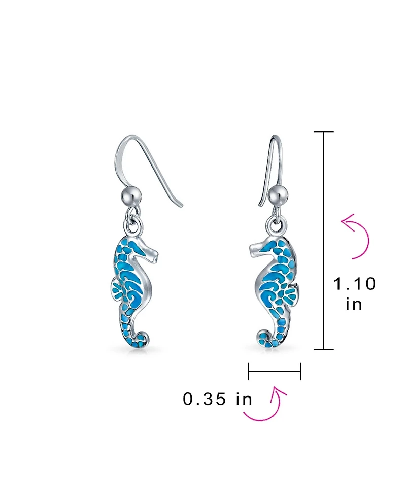Bling Jewelry Sea Animal Nautical Beach Vacation Inlay Enamel Blue Seahorse Dangling Earrings .925 Sterling Silver Fish Hook