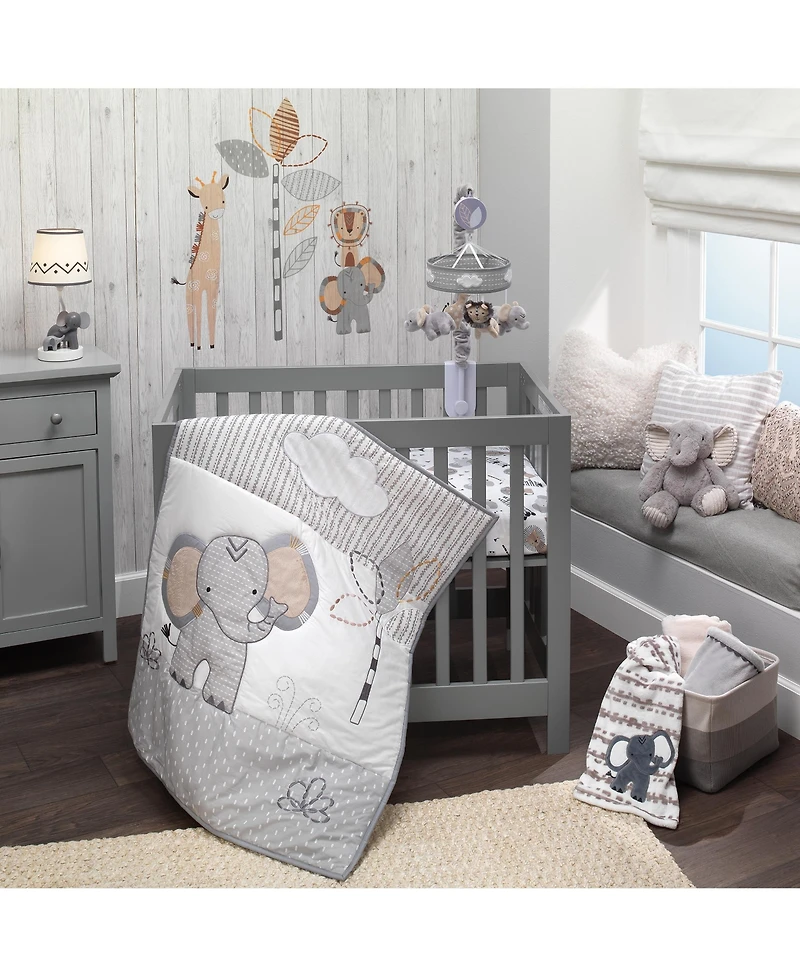 Lambs & Ivy Baby Jungle Safari Cotton White/Gray Elephant/Lion Fitted Mini Crib Sheet