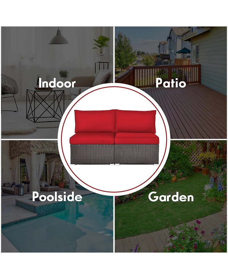 2PCS Patio Rattan Armless Sofa Sectional Conversation Furniture Set W/Cushion