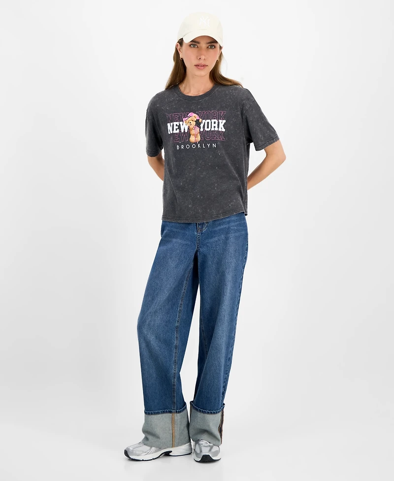 Rebellious One Juniors' Nyc Teddy Bear Mineral Wash Graphic T-Shirt