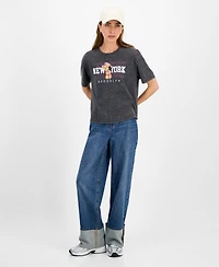 Rebellious One Juniors' Nyc Teddy Bear Mineral Wash Graphic T-Shirt