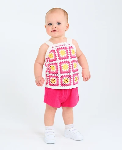 Rare Editions Baby Girls 2-Piece Granny Square Crochet and Short Set