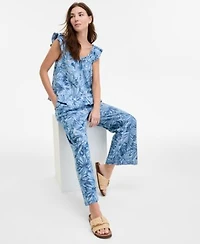 Nautica Womens Palm Print Ruffle Shoulder Chambray Top Pants