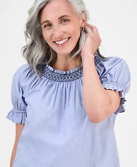 Style & Co Petite End on End Contrast-Stitch Top, Exclusively at Macy's