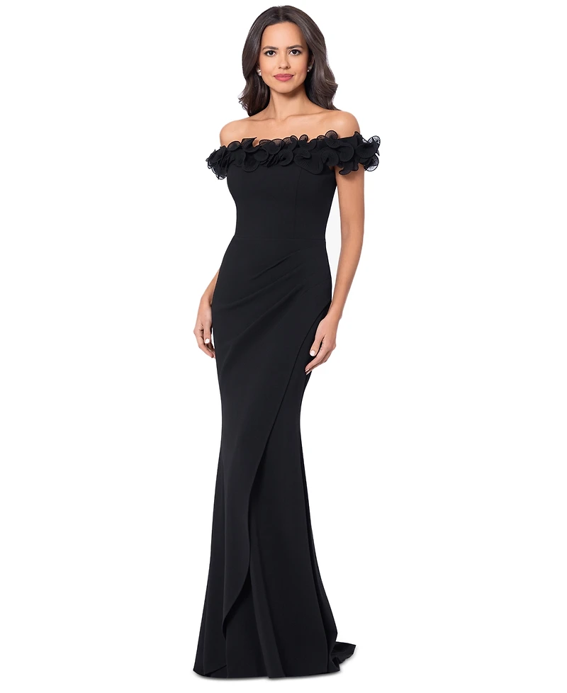 Xscape Women's Scuba-Crepe Ruffled Off-The-Shoulder Fit & Flare Gown