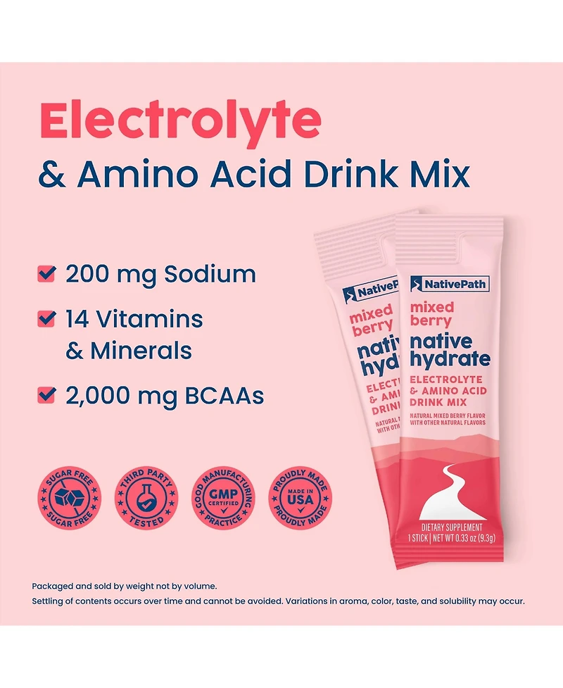 NativePath Native Hydrate Stick Packs, Sugar Free Electrolytes Powder with BCAAs, Mixed Berry Hydration, Keto & Paleo Friendly, 30 Servings