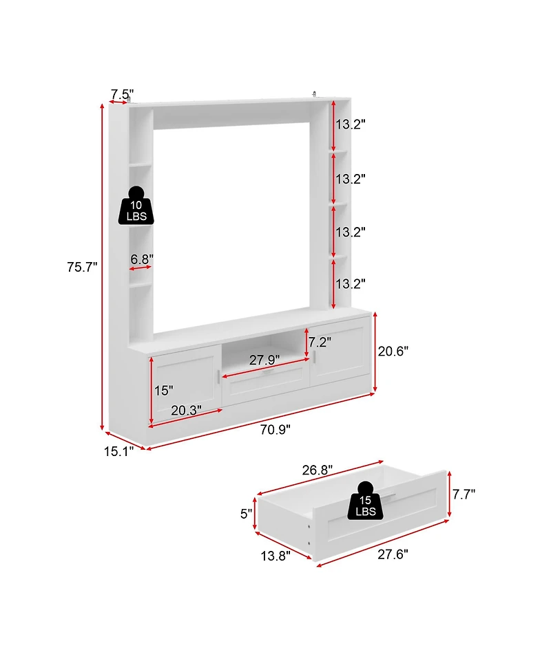 Tv stand with two doors and one drawer, media console with six fixed shelves, entertainment center in white wood