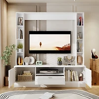 Tv stand with two doors and one drawer, media console with six fixed shelves, entertainment center in white wood
