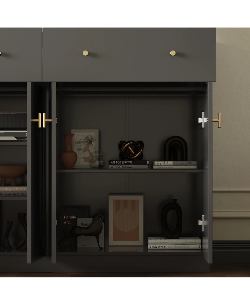 Shoe cabinet in black wood, shoe rack with 2 drawers and four doors and metal handles