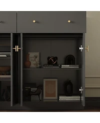 Shoe cabinet in black wood, shoe rack with 2 drawers and four doors and metal handles