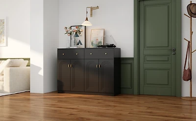 Shoe cabinet in black wood, shoe rack with 2 drawers and four doors and metal handles