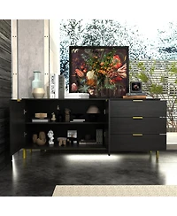 Tv stand with three drawers and two cabinet doors, media console with metal feet, wooden entertainment center