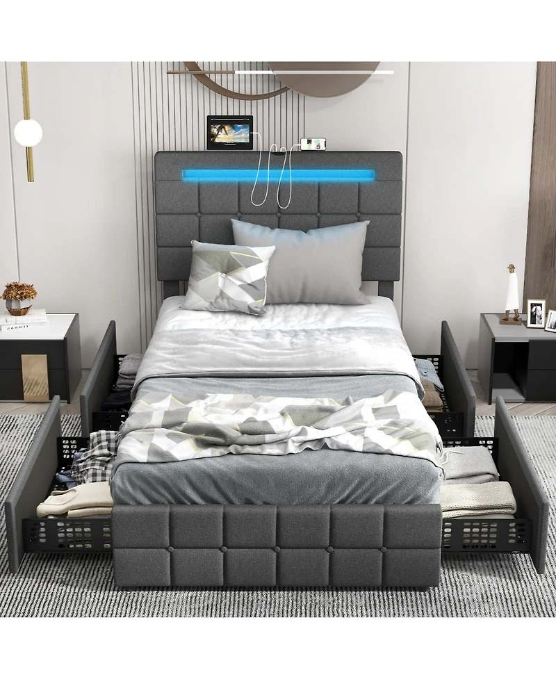 Upholstered Led Bed Frame with Headboard and 4 Drawers-Twin Size