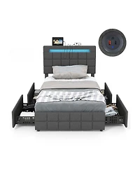 Upholstered Led Bed Frame with Headboard and 4 Drawers-Twin Size