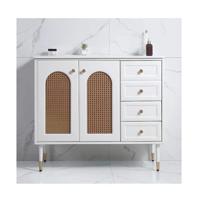 Casainc 36" Bathroom Vanity with Ceramic Sink, Rattan Bathroom Storage Cabinet with Two Doors and Drawer