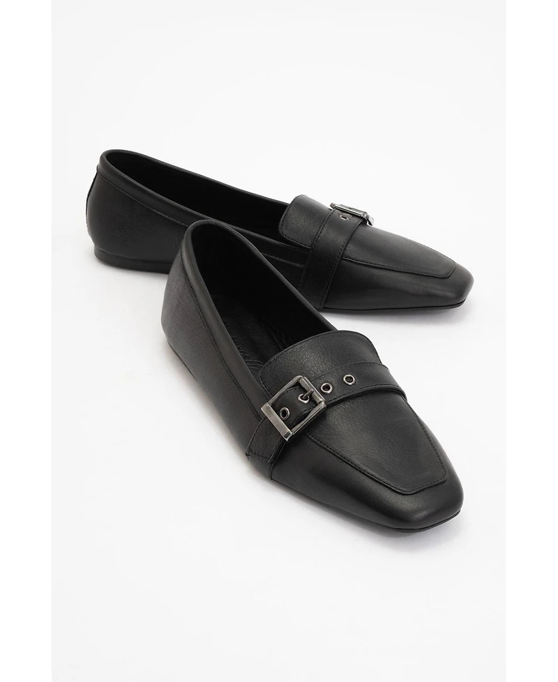 Noir Leather Flat Loafers (Women)