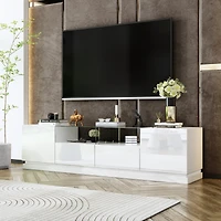 White Tv stand with two drawers and two doors, entertainment center with light strip, media console with drain box