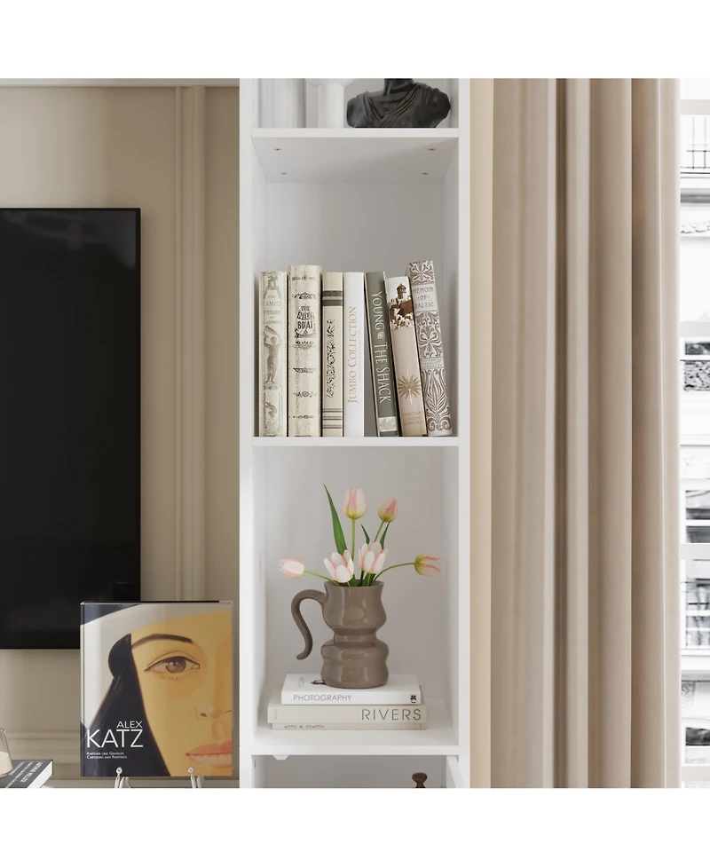 Black four-door Tv stand, media console with movable shelves, multi-purpose entertainment center