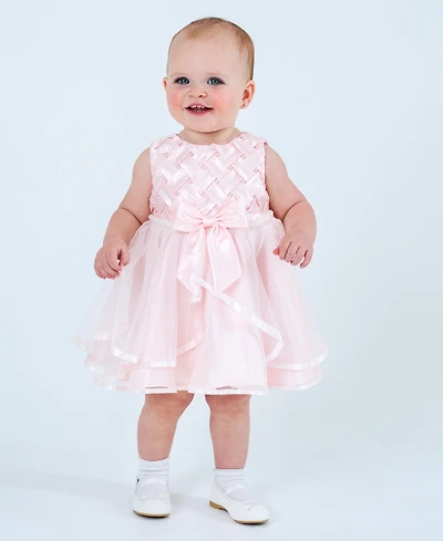 Baby Girls Basket Weave Social Dress with Two Tiered Ribbon Skirt